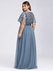 A-Line Plus Size Prom Formal Evening Dress Jewelry Short Sleeve Floor-Length Chiffon Lace With Appliques - RongMoon
