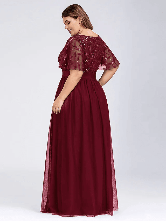 A-Line Plus Size Prom Formal Evening Dress Jewelry Short Sleeve Floor-Length Chiffon Lace With Appliques - RongMoon