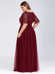 A-Line Plus Size Prom Formal Evening Dress Jewelry Short Sleeve Floor-Length Chiffon Lace With Appliques - RongMoon