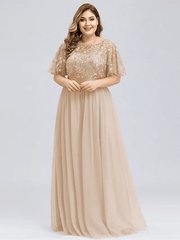 A-Line Plus Size Prom Formal Evening Dress Jewelry Short Sleeve Floor-Length Chiffon Lace With Appliques - RongMoon