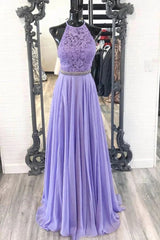 A Line Purple Lace Long Prom Dress with Belt, Purple Lace Formal Dress, Purple Evening Dress, Bridesmaid Dress - RongMoon