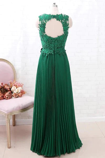 A Line Round Neck Green Lace Long Prom Dress Bridesmaid Dress, Open Back Lace Green Formal Dress, Green Lace Evening Dress - RongMoon