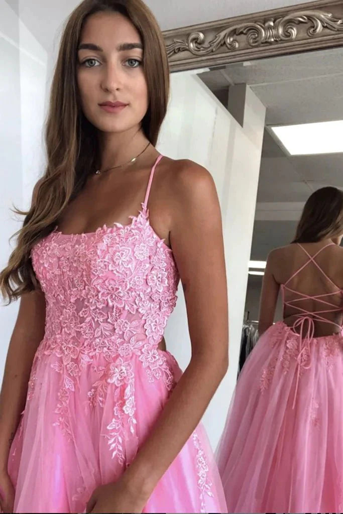 A Line Spaghetti Straps Backless Long Pink Lace Prom Dress, Pink Lace Formal Graduation Evening Dress - RongMoon