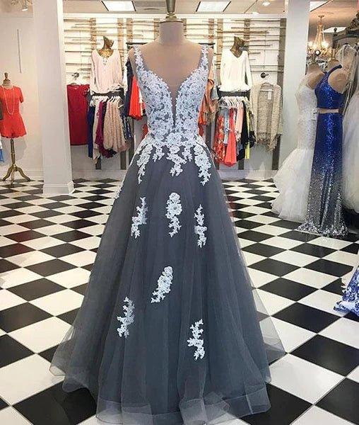 A Line Spaghetti Straps Lace Grey Tulle Long Prom Dress, Grey Formal Bridesmaid Dress, Evening Dress - RongMoon