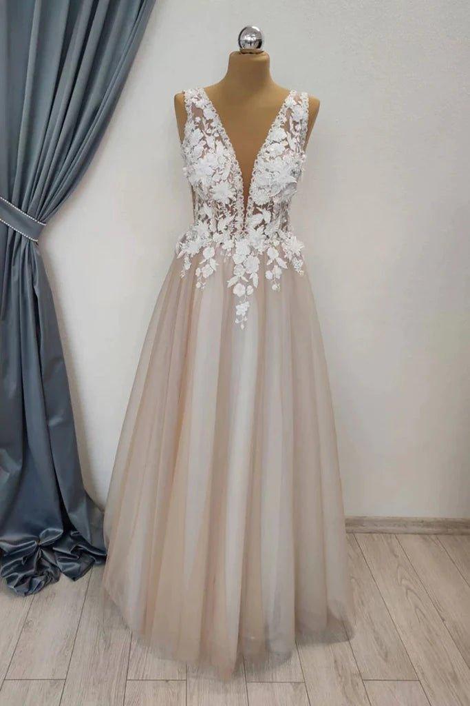 A Line V Neck Appliques White Lace Champagne Prom Dress, Champagne Lace Formal Graduation Evening Dress - RongMoon