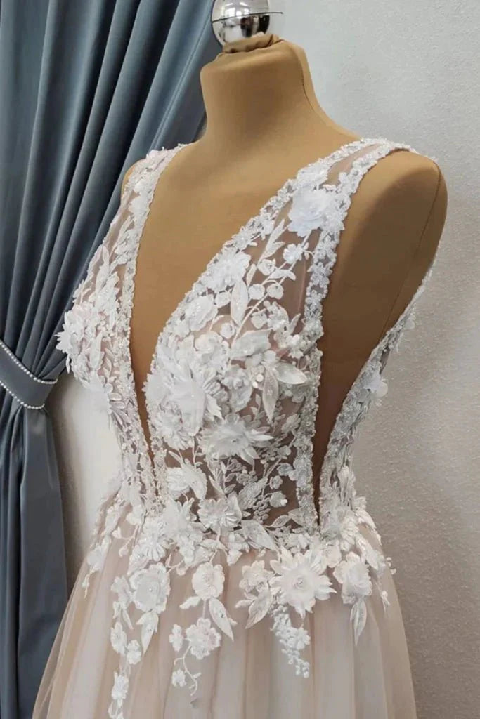 A Line V Neck Appliques White Lace Champagne Prom Dress, Champagne Lace Formal Graduation Evening Dress - RongMoon