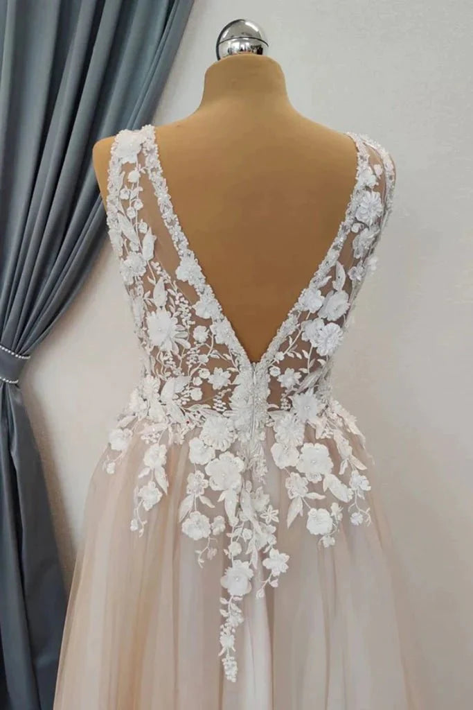 A Line V Neck Appliques White Lace Champagne Prom Dress, Champagne Lace Formal Graduation Evening Dress - RongMoon