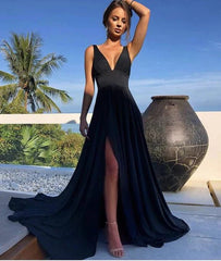 A Line V Neck Black Long Prom Dress with Side Slit, V Neck Black Bridesmaid Dress, Black Long Evening Dress - RongMoon