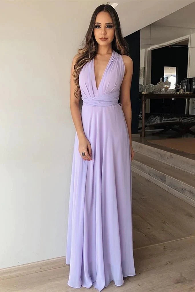 A Line V Neck Floor Length Lilac Chiffon Long Prom Dress, Lilac Lavender Formal Graduation Evening Dress, Lilac Bridesmaid Dress - RongMoon