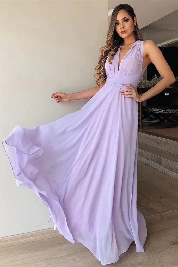 A Line V Neck Floor Length Lilac Chiffon Long Prom Dress, Lilac Lavender Formal Graduation Evening Dress, Lilac Bridesmaid Dress - RongMoon