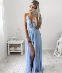 A Line V Neck Light Blue Prom Dress with Slit, Light Blue Formal Dress, Bridesmaid Dress - RongMoon