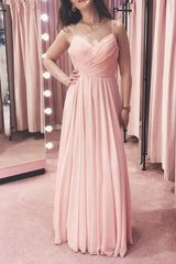 A Line V Neck Pink Chiffon Long Prom Dress, V Necn Pink Formal Graduation Evening Dress, Pink Bridesmaid Dress - RongMoon
