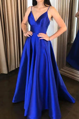 A Line V Neck Royal Blue Satin Long Prom Dress, Royal Blue Formal Graduation Evening Dress - RongMoon