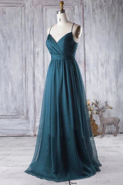 A Line V Neck Spaghetti Strap Peacock Blue Chiffon Long Prom Dress, V Neck Peacock Blue Formal Dress Graudation Evening Dress, Peacock Blue Bridesmaid Dress - RongMoon