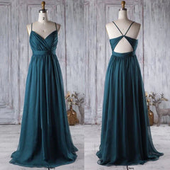 A Line V Neck Spaghetti Strap Peacock Blue Chiffon Long Prom Dress, V Neck Peacock Blue Formal Dress Graudation Evening Dress, Peacock Blue Bridesmaid Dress - RongMoon