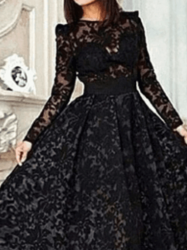 A-Line Vintage Prom Formal Evening Dress Jewel Neck Long Sleeve Asymmetrical Lace with Pleats - RongMoon