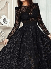 A-Line Vintage Prom Formal Evening Dress Jewel Neck Long Sleeve Asymmetrical Lace with Pleats - RongMoon