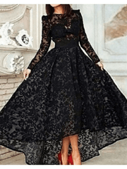 A-Line Vintage Prom Formal Evening Dress Jewel Neck Long Sleeve Asymmetrical Lace with Pleats - RongMoon