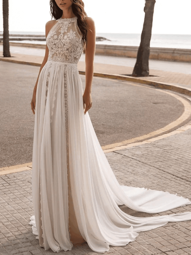 A-Line Wedding Dresses Halter Neck Sweep / Brush Train Chiffon Sleeveless Beach Sexy See-Through with Embroidery - RongMoon