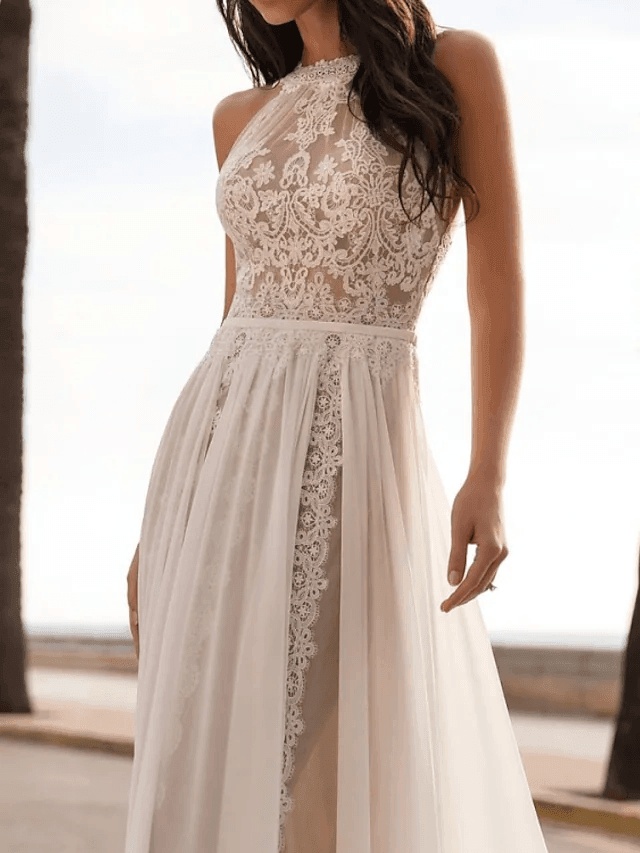 A-Line Wedding Dresses Halter Neck Sweep / Brush Train Chiffon Sleeveless Beach Sexy See-Through with Embroidery - RongMoon