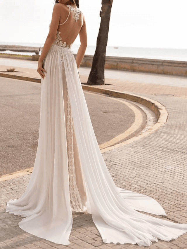 A-Line Wedding Dresses Halter Neck Sweep / Brush Train Chiffon Sleeveless Beach Sexy See-Through with Embroidery - RongMoon