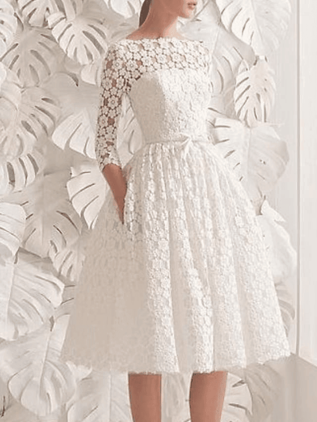 A-Line Wedding Dresses Jewel Neck Knee Length Lace 3/4 Length Sleeve Vintage 1950s with Sashes / Ribbons Appliques - RongMoon