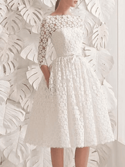A-Line Wedding Dresses Jewel Neck Knee Length Lace 3/4 Length Sleeve Vintage 1950s with Sashes / Ribbons Appliques - RongMoon