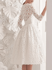 A-Line Wedding Dresses Jewel Neck Knee Length Lace 3/4 Length Sleeve Vintage 1950s with Sashes / Ribbons Appliques - RongMoon