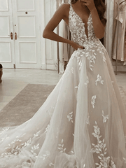 A-Line Wedding Dresses Plunging Neck Sweep / Brush Train Tulle Polyester Sleeveless Country Plus Size with Embroidery Appliques - RongMoon