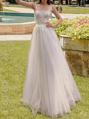 A-Line Wedding Dresses Spaghetti Strap Sweep / Brush Train Lace Tulle Sleeveless Country Romantic Vintage Backless with Bow(s) - RongMoon