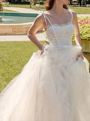 A-Line Wedding Dresses Spaghetti Strap Sweep / Brush Train Lace Tulle Sleeveless Country Romantic Vintage Backless with Bow(s) - RongMoon