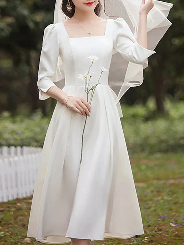 A-Line Wedding Dresses Square Neck Tea Length Satin Half Sleeve Simple Vintage Little White Dress 1950s with Pleats - RongMoon