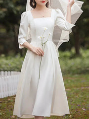 A-Line Wedding Dresses Square Neck Tea Length Satin Half Sleeve Simple Vintage Little White Dress 1950s with Pleats - RongMoon