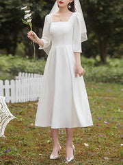 A-Line Wedding Dresses Square Neck Tea Length Satin Half Sleeve Simple Vintage Little White Dress 1950s with Pleats - RongMoon