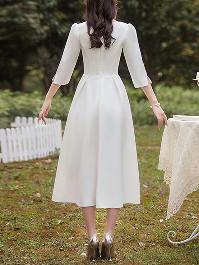 A-Line Wedding Dresses Square Neck Tea Length Satin Half Sleeve Simple Vintage Little White Dress 1950s with Pleats - RongMoon