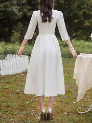 A-Line Wedding Dresses Square Neck Tea Length Satin Half Sleeve Simple Vintage Little White Dress 1950s with Pleats - RongMoon