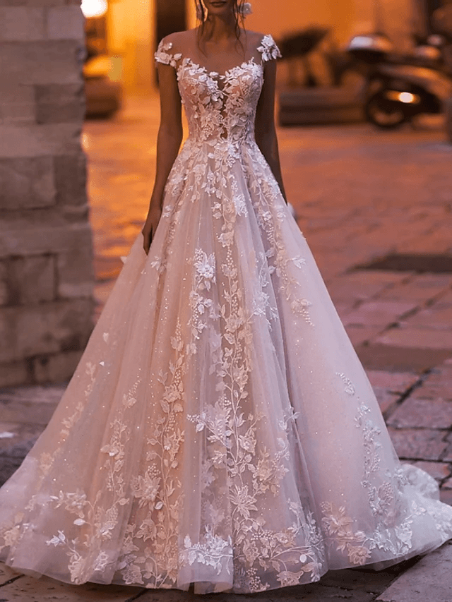A-Line Wedding Dresses V Neck Court Train Tulle Sleeveless Country Plus Size with Draping Appliques - RongMoon