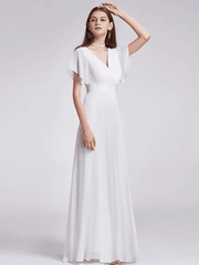 A-Line Wedding Dresses V Neck Floor Length Chiffon Short Sleeve Simple Little White Dress with Draping - RongMoon
