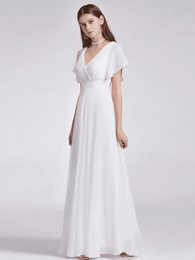 A-Line Wedding Dresses V Neck Floor Length Chiffon Short Sleeve Simple Little White Dress with Draping - RongMoon
