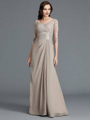 A-Line/Princess 1/2 Sleeves Scoop Applique Chiffon Floor-Length Mother of the Bride Dresses - RongMoon