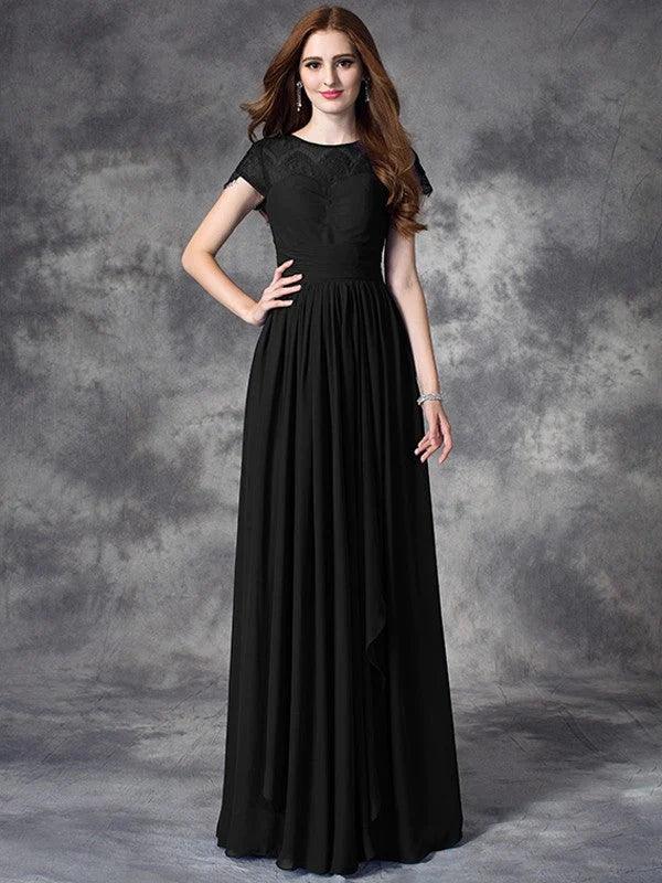 A-line/Princess Bateau Lace Sleeveless Long Chiffon Bridesmaid Dresses - RongMoon