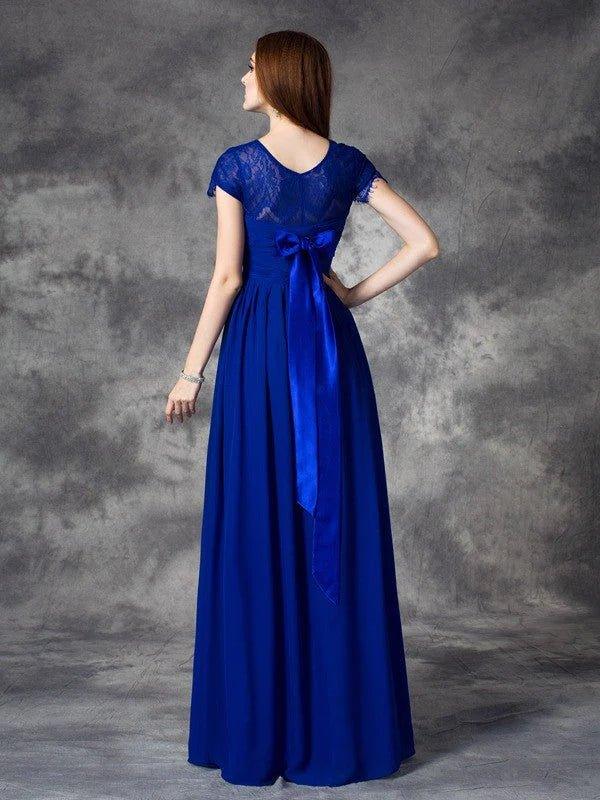 A-line/Princess Bateau Lace Sleeveless Long Chiffon Bridesmaid Dresses - RongMoon