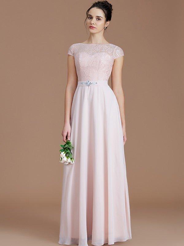 A-Line/Princess Bateau Sleeveless Lace Floor-Length Chiffon Bridesmaid Dresses - RongMoon