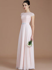 A-Line/Princess Bateau Sleeveless Lace Floor-Length Chiffon Bridesmaid Dresses - RongMoon