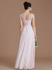 A-Line/Princess Bateau Sleeveless Lace Floor-Length Chiffon Bridesmaid Dresses - RongMoon