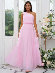 A-Line/Princess Chiffon Bowknot One-Shoulder Sleeveless Floor-Length Bridesmaid Dresses - RongMoon