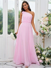 A-Line/Princess Chiffon Bowknot One-Shoulder Sleeveless Floor-Length Bridesmaid Dresses - RongMoon