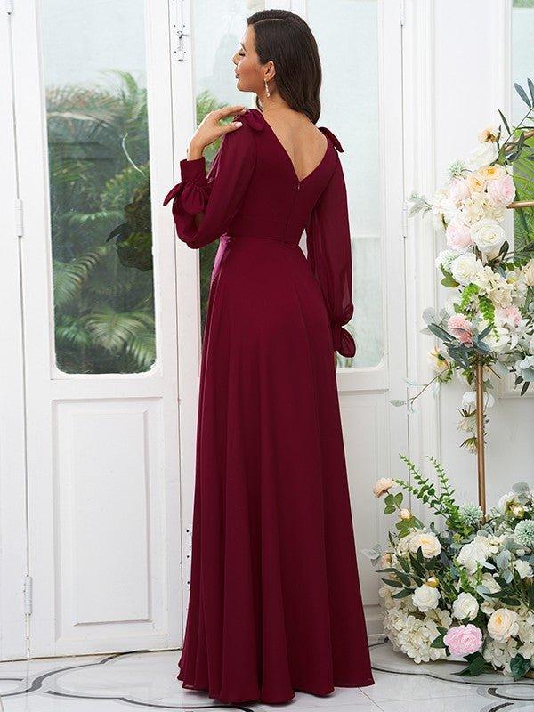 A-Line/Princess Chiffon Bowknot V-neck Long Sleeves Floor-Length Bridesmaid Dresses - RongMoon