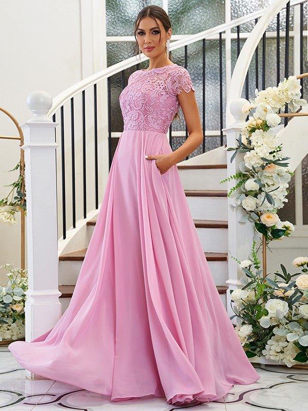 A-Line/Princess Chiffon Lace Scoop Short Sleeves Floor-Length Bridesmaid Dresses - RongMoon
