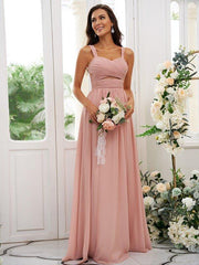 A-Line/Princess Chiffon Ruched Straps Sleeveless Floor-Length Bridesmaid Dresses - RongMoon